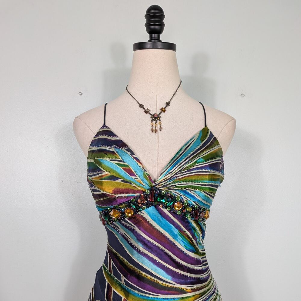 Vintage Cache Prom Dress Maxi Gown 4 Multi Silk Y2K Glam Guest Evening Formal - Picture 6 of 16